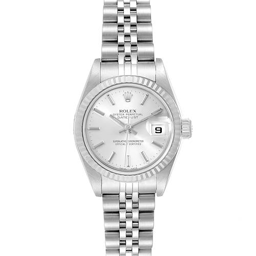This image shows a Rolex Datejust 79174 Women's Stainless Steel Silver Dial 79174 Women's Stainless Steel Silver Dial watch from the front, highlighting its dial, bezel, date display, and bracelet.