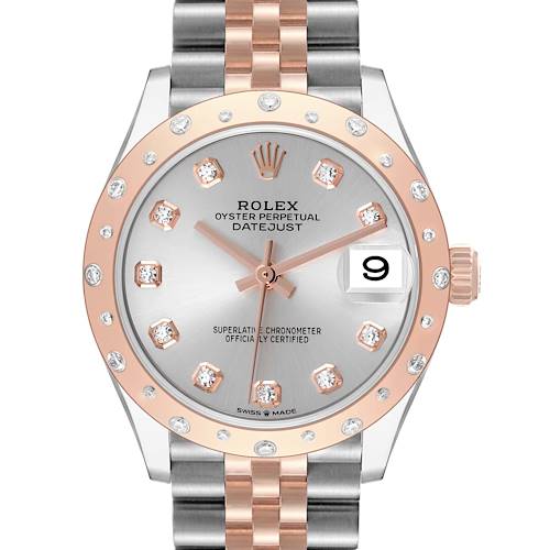 The image shows a front view of the Rolex Oyster Perpetual Datejust Mid-Size model, featuring a two-tone bracelet and diamond bezel.