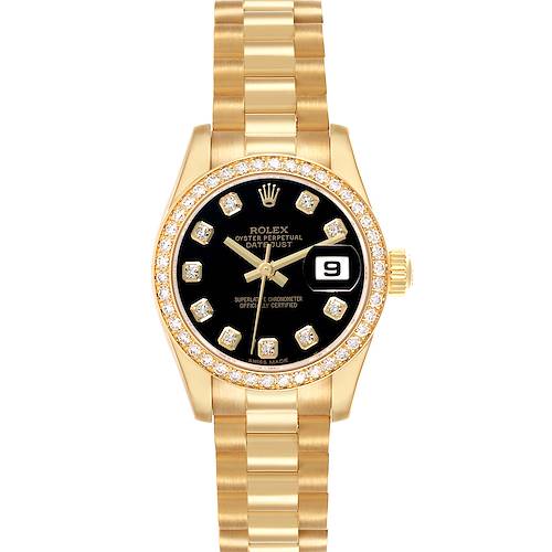 The image shows a frontal view of a Rolex Datejust 179138 Women's Yellow Gold Black Dial watch, highlighting its gold bracelet, diamond bezel, and black dial.