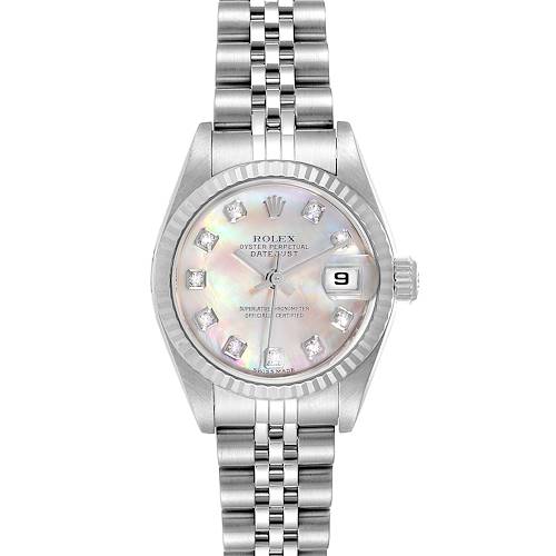The Rolex Datejust 79174 Women's Stainless Steel Mother of Pearl Dial 79174 Women's Stainless Steel Mother of Pearl Dial watch is shown face-on, displaying its dial, fluted bezel, date window, and Jubilee bracelet.