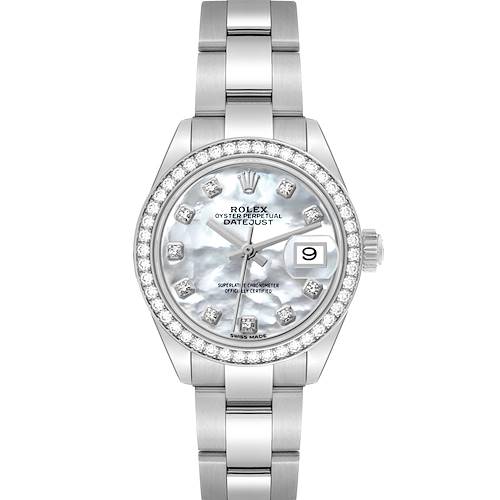 The image shows a front view of the Rolex Datejust 279384 Women's Stainless Steel Mother of Pearl Dial 279384 Women's Stainless Steel Mother of Pearl Dial watch, displaying the dial, bezel, bracelet, and date window.