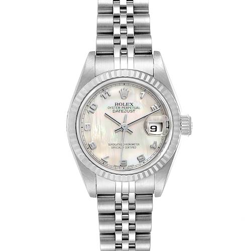 This image shows a Rolex Datejust 79174 Women's Stainless Steel Mother of Pearl Dial 79174 Women's Stainless Steel Mother of Pearl Dial watch from a straight-on angle, displaying the full face and bracelet.