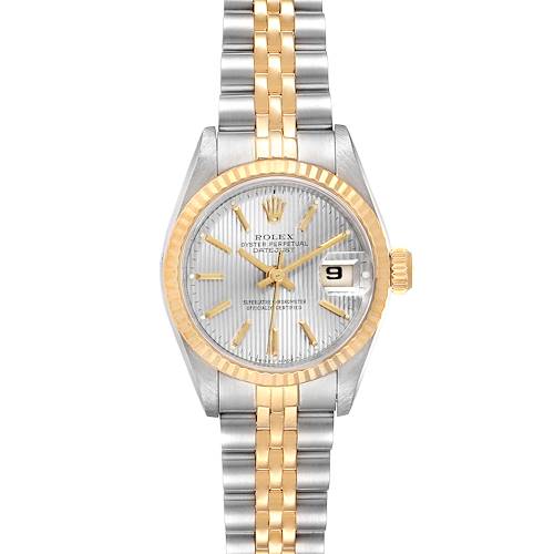 The image shows a front view of a Rolex Datejust 69173 Women's Steel and Gold (two tone) Silver Dial 69173 Women's Steel and Gold (two tone) Silver Dial watch, highlighting the dial, bezel, bracelet, and date window.