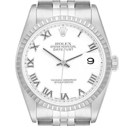 The Rolex Datejust 16220 Men's Stainless Steel White Dial watch is shown from a front angle, displaying the dial, bezel, case, and part of the bracelet.