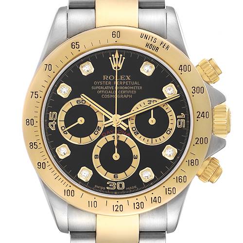 The Rolex Daytona 16523 Men's Steel and Gold (two tone) Black Dial watch is shown from the front, displaying a gold bezel, black dial, and three sub-dials.