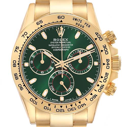 The image shows the face and bezel of a Rolex Daytona 116508 Men's Yellow Gold Green Dial 116508 Men's Yellow Gold Green Dial watch, highlighting the green dial, subdials, and gold case.