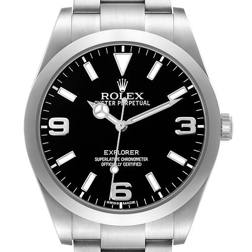 The Rolex Explorer 214270 Men's Stainless Steel Black Dial watch is shown from a front angle, highlighting the black dial, silver hands, and stainless steel bracelet.
