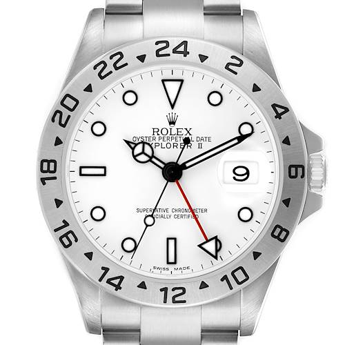 The Rolex Explorer 16570 Men's Stainless Steel White Dial II watch is shown from a top-down angle, highlighting the white dial, markers, hands, bezel, and bracelet.