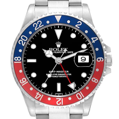 The image shows a Rolex GMT-Master 16700 Men's Stainless Steel Black Dial 16700 Men's Stainless Steel Black Dial watch face with a black dial, red and blue bezel, and a date window at the 3 o'clock position.
