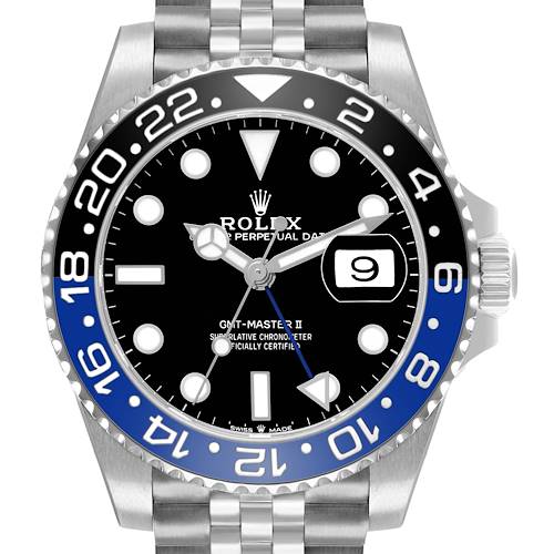 The Rolex GMT-Master 126710 Men's Stainless Steel Black Dial watch is shown from a front angle, displaying the face, bezel, and part of the bracelet.