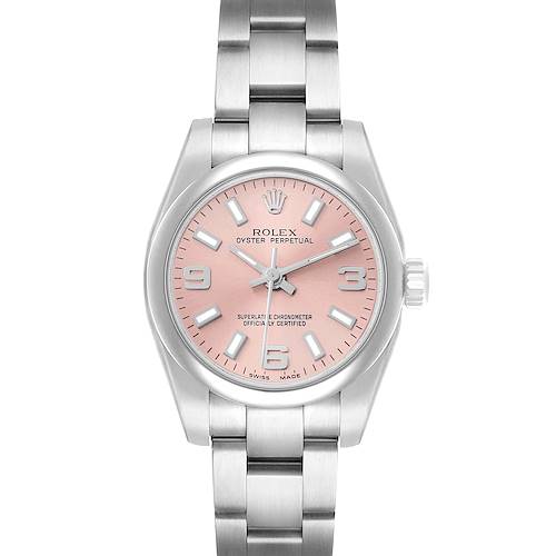 The Rolex Oyster Perpetual 176200 Women's Stainless Steel Pink Dial watch is shown from a front angle, displaying its pink dial, hour markers, hands, case, and bracelet.