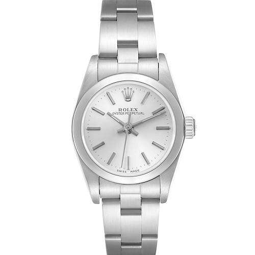 The Rolex Oyster Perpetual 76080 Women's Stainless Steel Silver Dial watch is shown from a front angle, displaying the face, bezel, and bracelet.