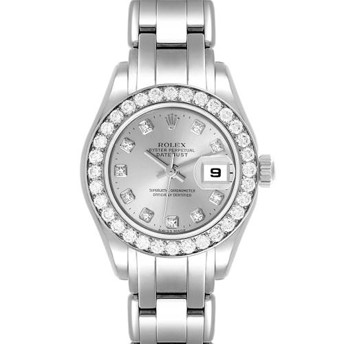 The Rolex Pearlmaster 80299 Women's White Gold Silver Dial 80299 Women's White Gold Silver Dial watch is shown from the front, displaying the face, bezel, and a portion of the bracelet.