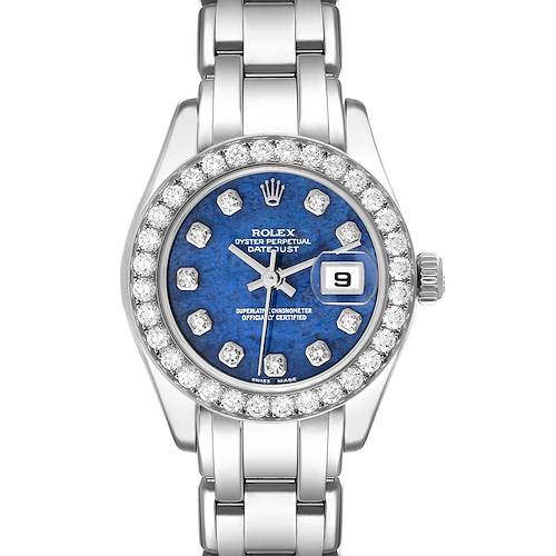 This image shows a front view of the Rolex Pearlmaster 80299 Women's White Gold Blue Dial 80299 Women's White Gold Blue Dial watch, highlighting its dial, bezel, and bracelet.