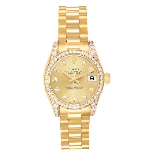 The Rolex Datejust 179158 Women's Yellow Gold Champagne Dial watch is shown from the front, highlighting its bezel, dial, bracelet, and date window.