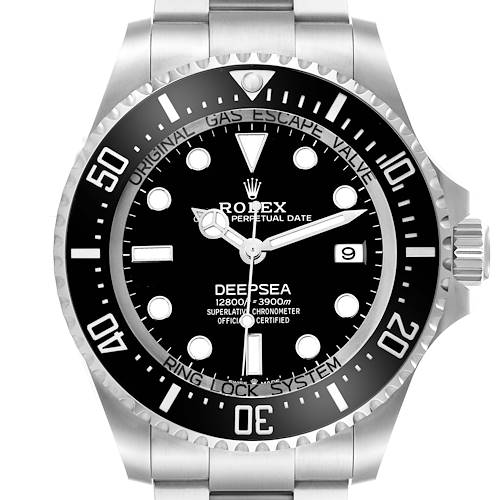 The image shows a front view of the Rolex Sea-Dweller 136660 Men's Stainless Steel Black Dial watch, displaying its dial, bezel, and part of the bracelet.
