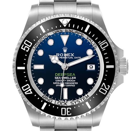 The Rolex Sea-Dweller 136660 Men's Stainless Steel Blue Dial watch is shown from the front, highlighting the dial, bezel, and part of the bracelet.