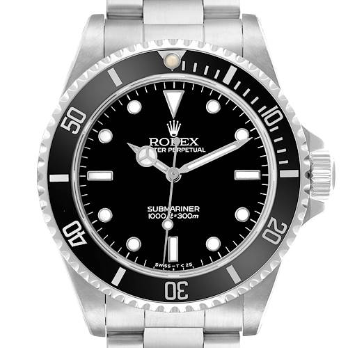 The Rolex Submariner 14060 Men's Stainless Steel Black Dial watch is shown from the front, highlighting the dial, bezel, and part of the bracelet.