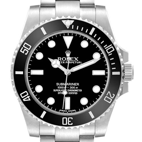 The Rolex Submariner 114060 Men's Stainless Steel Black Dial is shown from a front angle, highlighting its bezel, dial, hands, and crown.