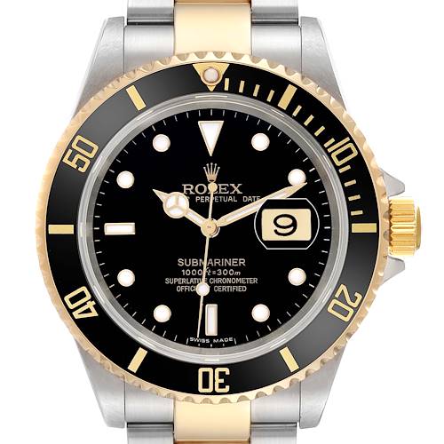 The Rolex Submariner 16613 Men's Steel and Gold (two tone) Black Dial watch is shown from the front, displaying its black dial, bezel, hands, markers, and the date function.