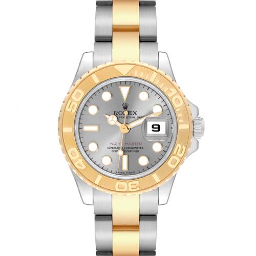 The image shows a front view of a Rolex Yacht-Master 169623 Women's Steel and Gold (two tone) Grey Dial 169623 Women's Steel and Gold (two tone) Grey Dial watch, highlighting the dial, bezel, bracelet, and date window.