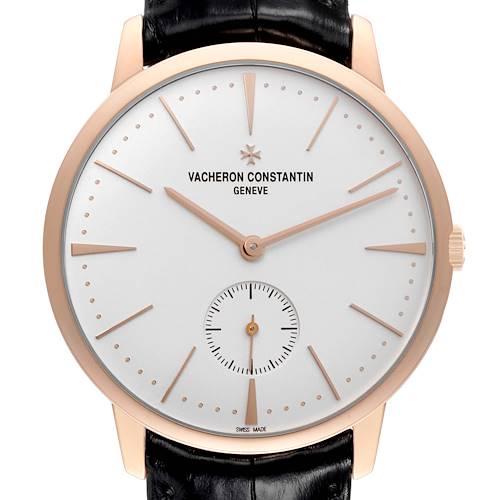 The image shows a front view of the Vacheron Constantin Patrimony 1110U/000R Men's Rose Gold Silver Dial 1110U/000R Men's Rose Gold Silver Dial watch, highlighting its dial, hands, and strap.