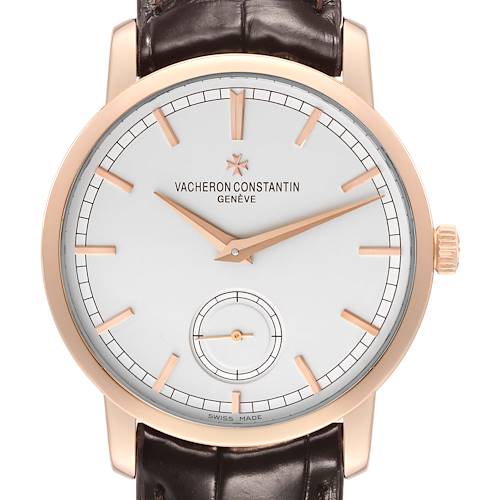 This image shows a front view of the Vacheron Constantin Traditionnelle 82172/000R-9382 Men's Rose Gold Silver Dial 82172/000R-9382 Men's Rose Gold Silver Dial watch, highlighting its face, hands, and crown.