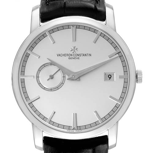 The image shows a front view of the Vacheron Constantin Traditionnelle 87172/000G-9301 Men's White Gold Silver Dial 87172/000G-9301 Men's White Gold Silver Dial watch, displaying its dial, indices, hands, date window, and small seconds subdial.