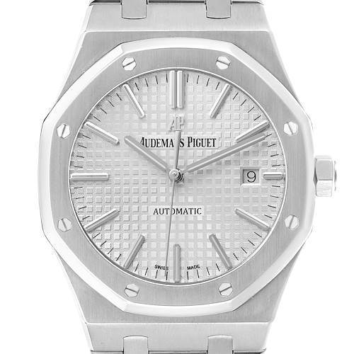 The image shows a frontal view of the Audemars Piguet Royal Oak 15400ST Men's Stainless Steel Silver Dial, highlighting its octagonal bezel, textured dial, and date window.