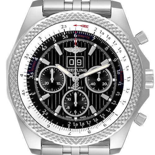 The image shows a detailed front view of the Breitling Bentley A44364 Men's Stainless Steel Black Dial A44364 Men's Stainless Steel Black Dial model watch, highlighting the dial, bezel, and band.