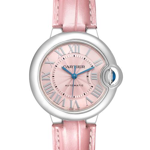 The Cartier Ballon Bleu WSBB0002 Women's Stainless Steel Pink Dial watch is shown from a front view, highlighting its pink dial, Roman numerals, and pink leather strap.