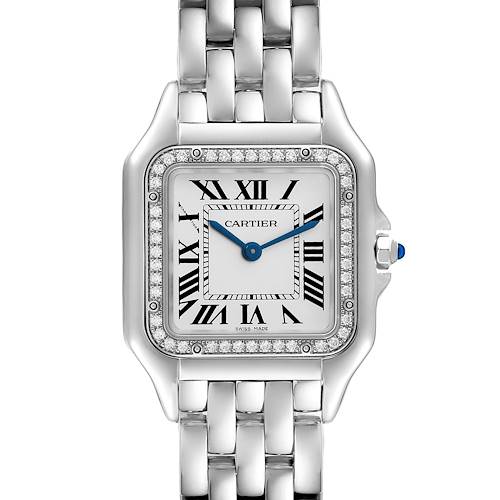 This image shows a front view of a Cartier Panthere W4PN0008 Women's Stainless Steel Silver Dial W4PN0008 Women's Stainless Steel Silver Dial watch, highlighting its face, Roman numerals, bezel, and bracelet.