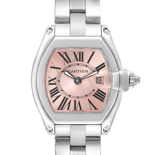 This Cartier Roadster W62017V3 Women's Stainless Steel Pink Dial W62017V3 Women's Stainless Steel Pink Dial watch is shown from a front angle, featuring the dial, case, and stainless steel bracelet.