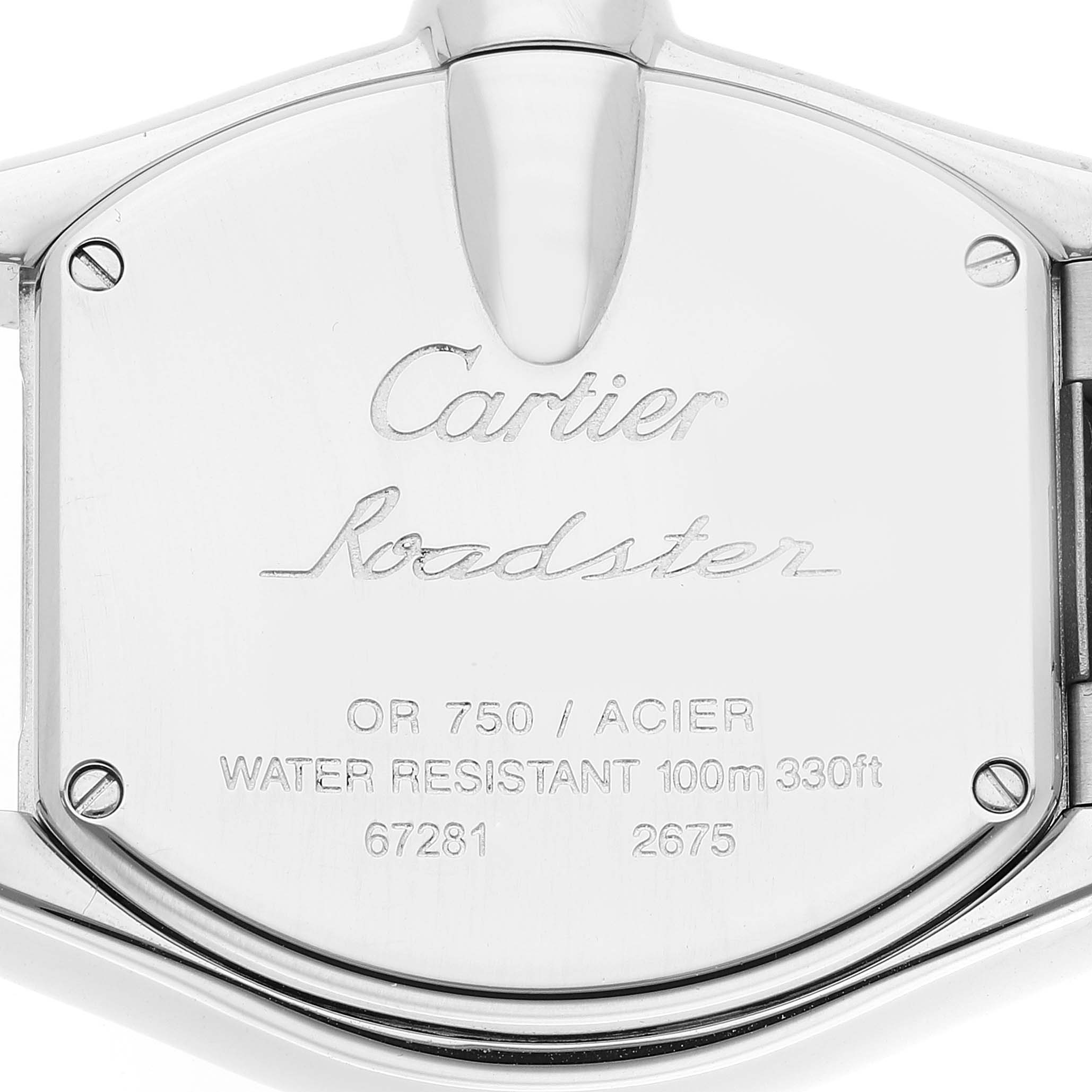This image shows the back case of a Cartier Roadster W62026Y4 Women's Steel and Gold (two tone) Silver Dial W62026Y4 Women's Steel and Gold (two tone) Silver Dial watch, detailing its water resistance and material information.