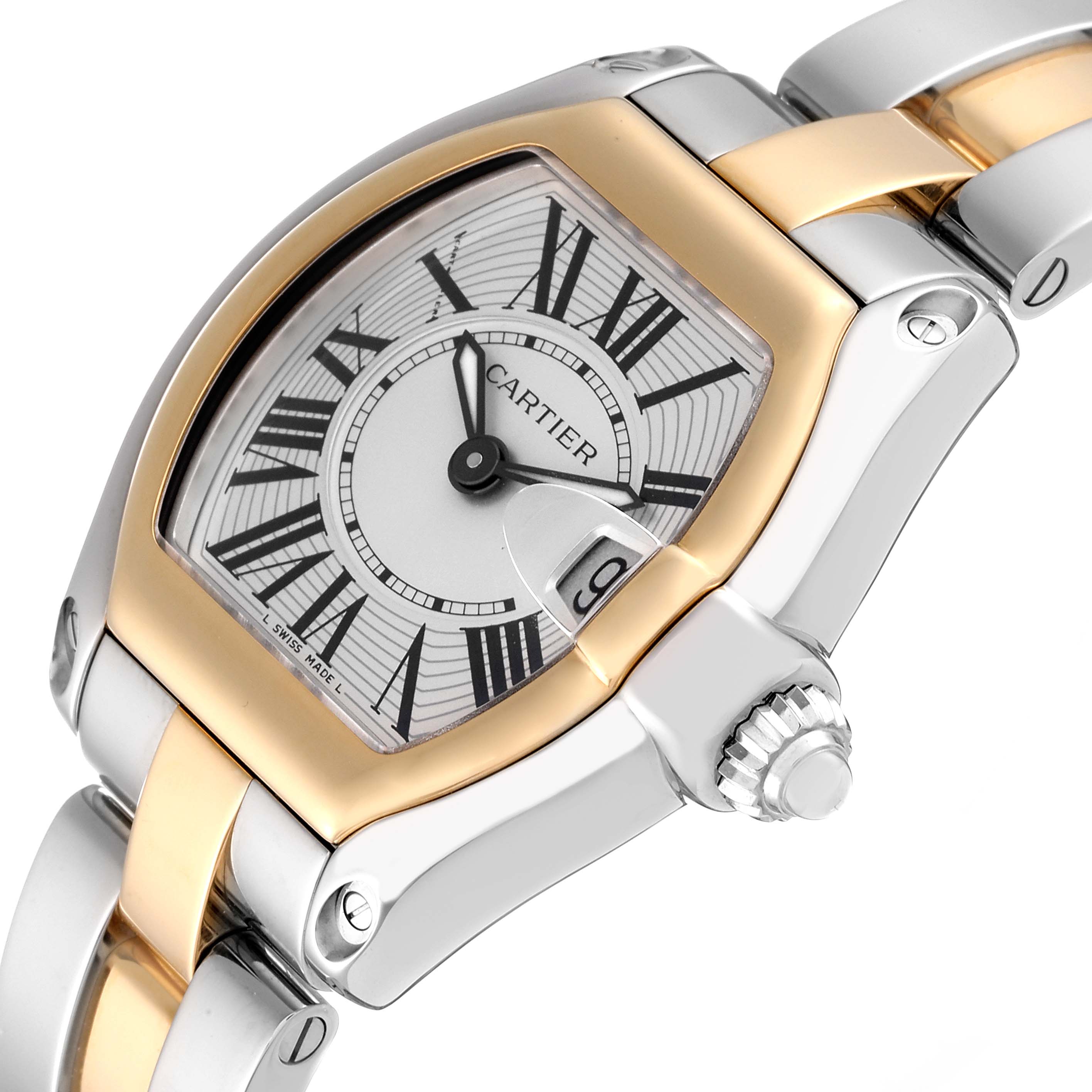 The Cartier Roadster W62026Y4 Women's Steel and Gold (two tone) Silver Dial W62026Y4 Women's Steel and Gold (two tone) Silver Dial watch is shown at an angle with its dial, crown, and part of its gold and silver bracelet visible.