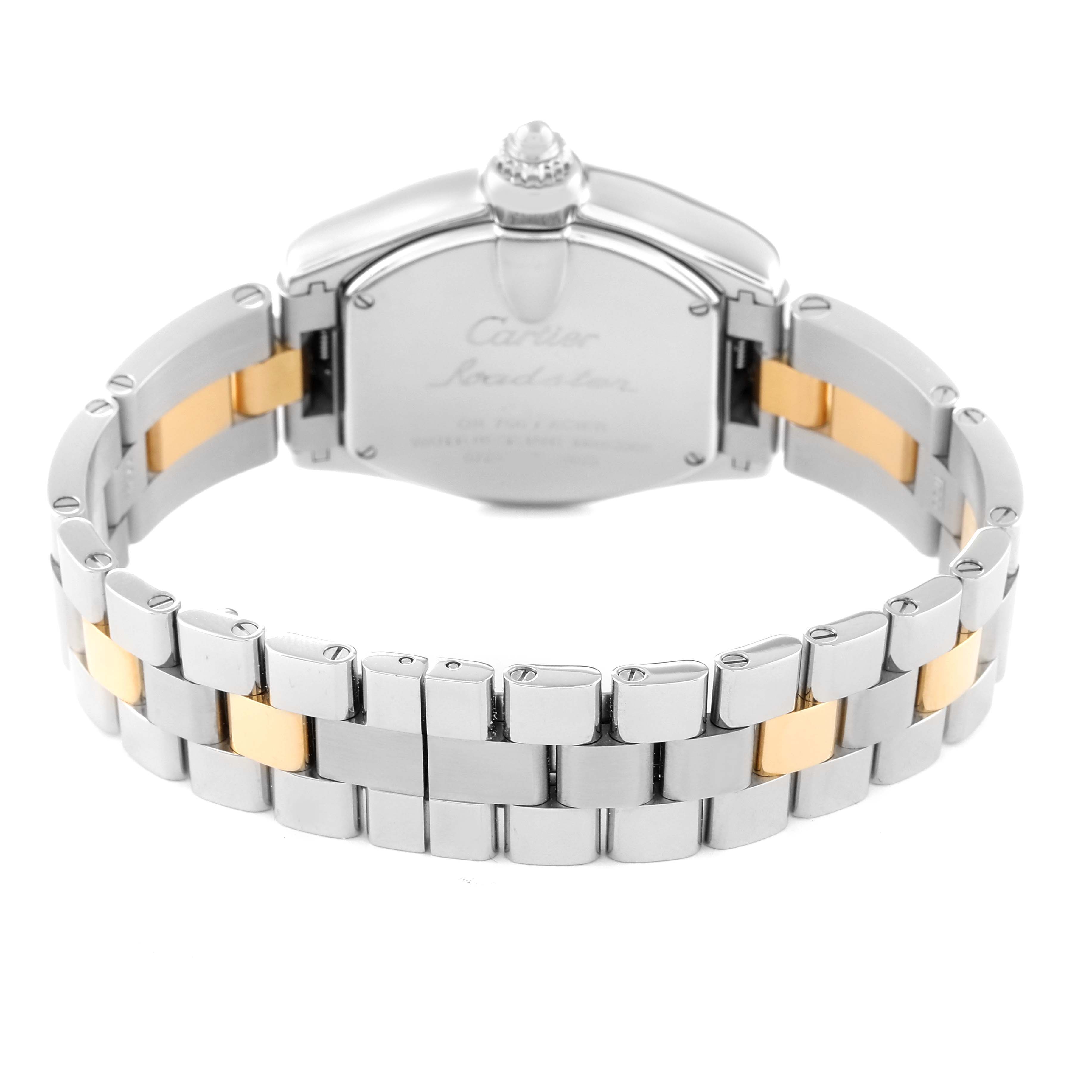 The image shows the back view of a Cartier Roadster W62026Y4 Women's Steel and Gold (two tone) Silver Dial W62026Y4 Women's Steel and Gold (two tone) Silver Dial watch, highlighting its case back, crown, and two-tone metal bracelet.