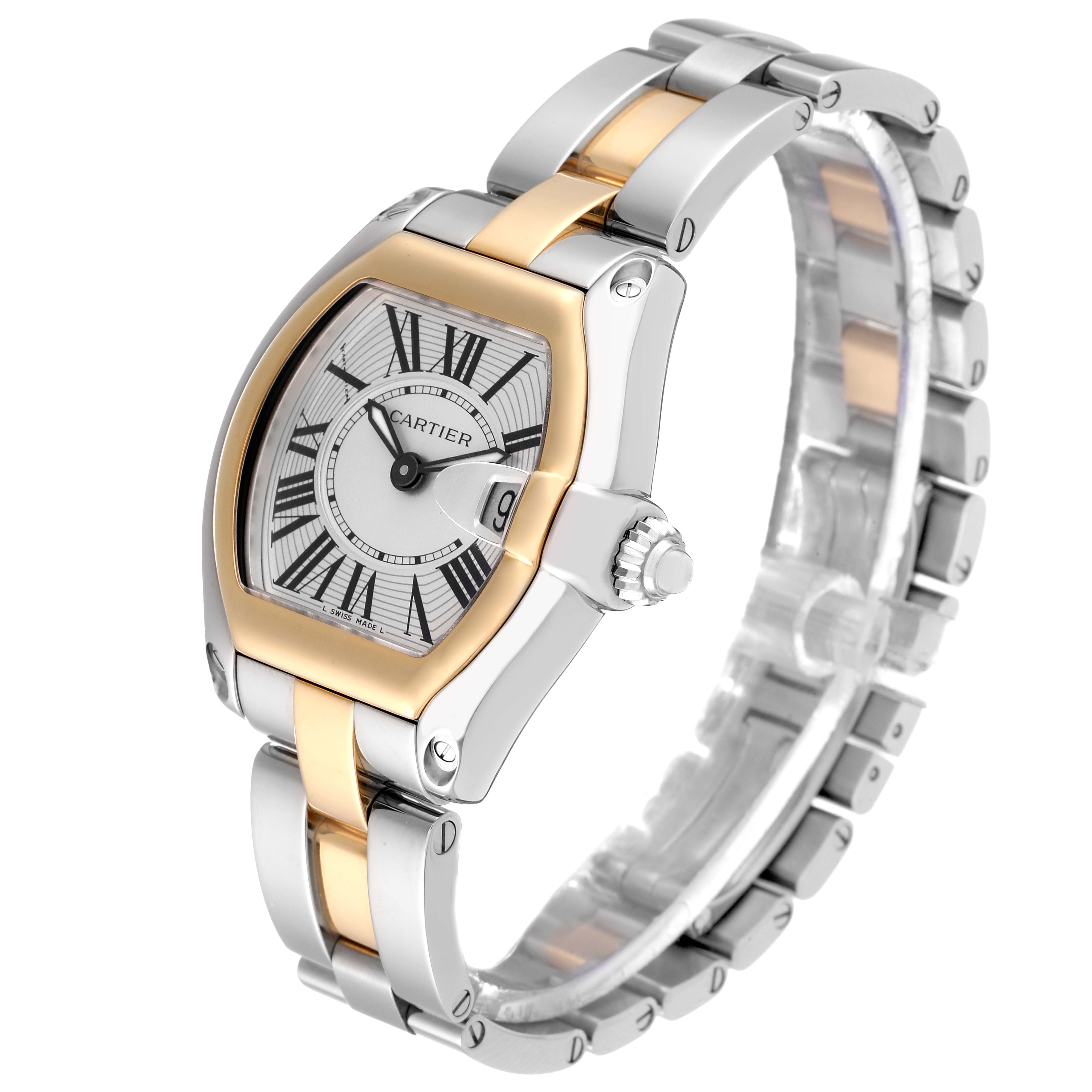 The image shows a Cartier Roadster W62026Y4 Women's Steel and Gold (two tone) Silver Dial W62026Y4 Women's Steel and Gold (two tone) Silver Dial watch from a three-quarter angle, highlighting the face, crown, and metal bracelet.