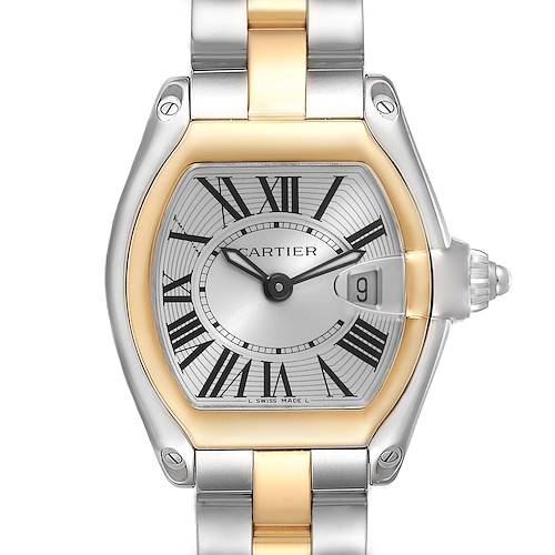 This image displays a front view of the Cartier Roadster W62026Y4 Women's Steel and Gold (two tone) Silver Dial W62026Y4 Women's Steel and Gold (two tone) Silver Dial watch, featuring the face, bezel, crown, and part of the bracelet.