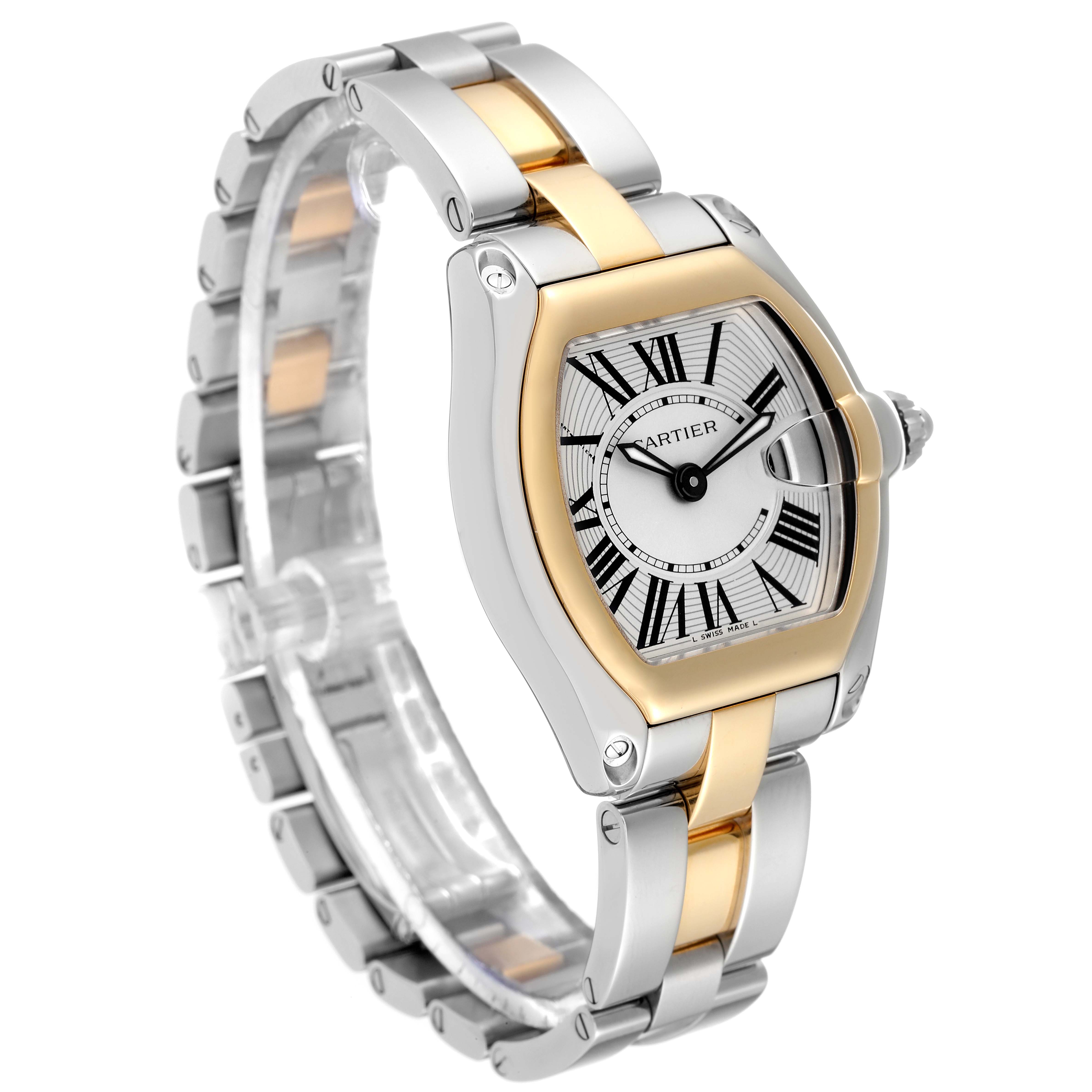 The image shows a Cartier Roadster W62026Y4 Women's Steel and Gold (two tone) Silver Dial W62026Y4 Women's Steel and Gold (two tone) Silver Dial watch, angled to display its face and two-tone metal bracelet.