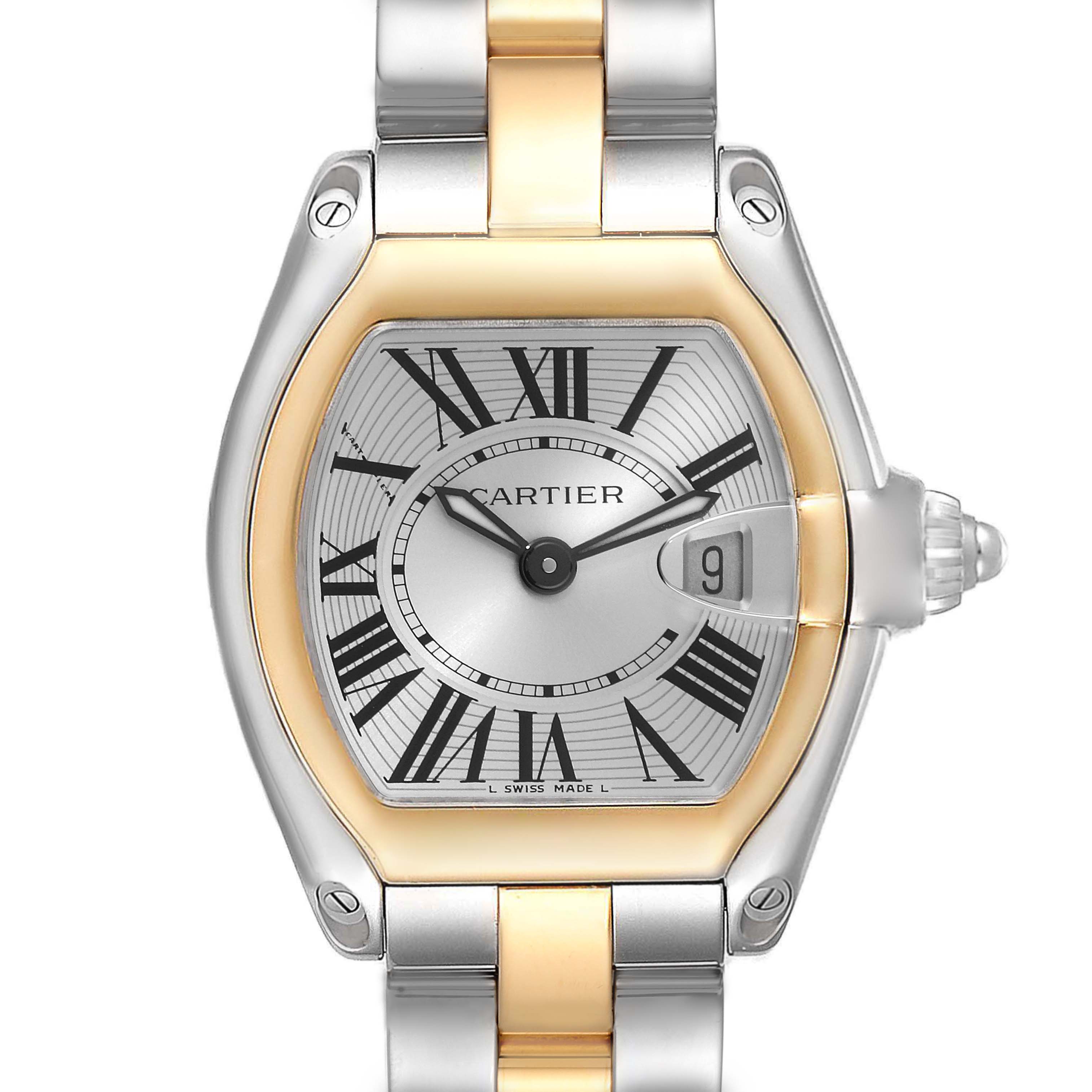 The image shows a close-up of the dial and bezel of the Cartier Roadster W62026Y4 Women's Steel and Gold (two tone) Silver Dial W62026Y4 Women's Steel and Gold (two tone) Silver Dial watch, highlighting the Roman numerals and date window.