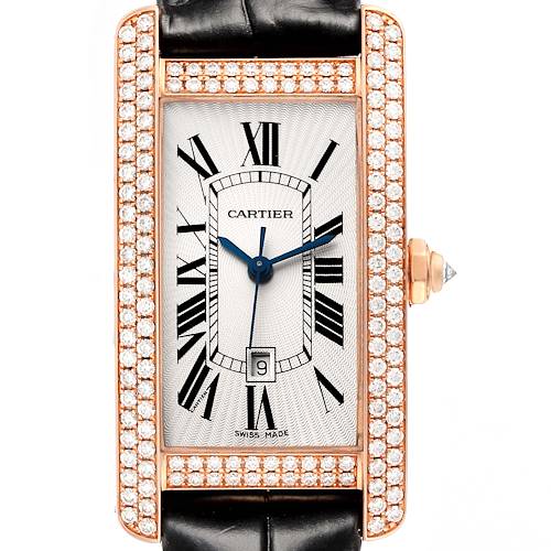 The image shows a straight-on angle of the Cartier Tank Americaine WB704751 Women's Rose Gold Silver Dial WB704751 Women's Rose Gold Silver Dial watch, featuring a diamond-encrusted bezel and black leather strap.