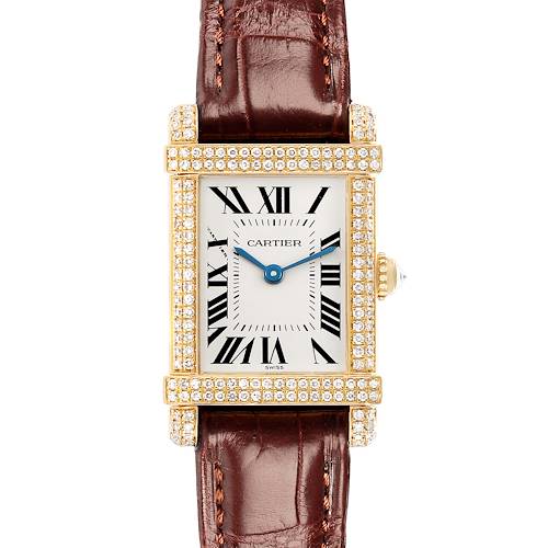 The Cartier Tank Louis 2305 Women's Yellow Gold Silver Dial watch is shown from the front, displaying the rectangular face, Roman numerals, gold case, and leather strap.