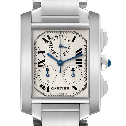 The Cartier Tank Francaise W51001Q3 Men's Stainless Steel Silver Dial W51001Q3 Men's Stainless Steel Silver Dial watch is shown from a front angle, highlighting the face, subdials, and side pushers.