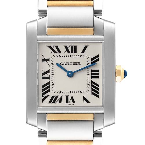 The image shows a frontal view of the Cartier Tank Française watch, highlighting its square face, Roman numerals, and metal bracelet.