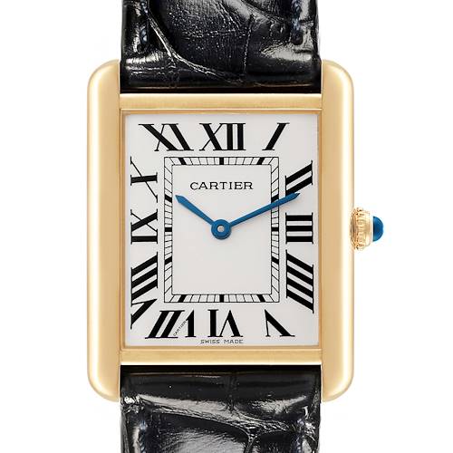 The image shows a front view of the Cartier Tank Solo W1018855 Men's Steel and Gold (two tone) Silver Dial W1018855 Men's Steel and Gold (two tone) Silver Dial watch, highlighting its face, detailing, and the crown with a blue gem.