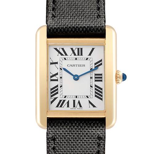 The Cartier Tank Solo W5200002 Women's Steel and Gold (two tone) Silver Dial watch is shown from a front angle, highlighting its rectangular gold case, black strap, and Roman numeral dial.