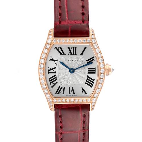 This image shows a front view of the Cartier Tortue WA501006 Women's Rose Gold Silver Dial WA501006 Women's Rose Gold Silver Dial watch, highlighting the dial, bezel with diamonds, and the leather strap.
