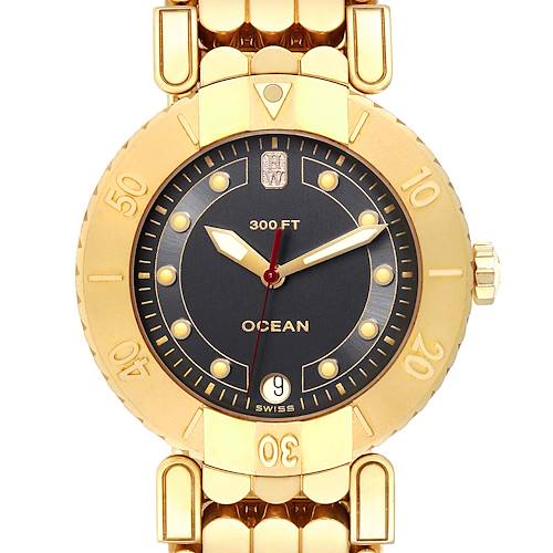 The image shows a front view of the Harry Winston N114-AD Men's Yellow Gold Grey Dial N114-AD Men's Yellow Gold Grey Dial Submariner Ocean 38mm 18K Yellow Gold Men's Watch, displaying the dial, bezel, and part of the bracelet.