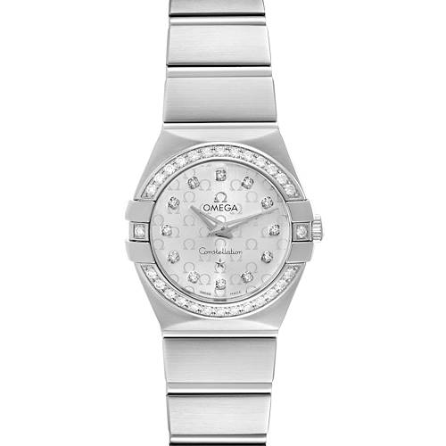 The image shows a front view of the Omega 123.15.24.60.52.001 Women's Stainless Steel Silver Dial 123.15.24.60.52.001 Women's Stainless Steel Silver Dial Constellation Diamond Steel Ladies Watch 123.15.24.60.52.001, displaying its face and bracelet.