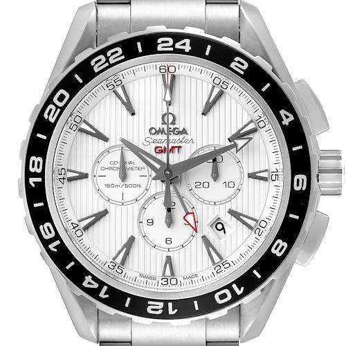 The image shows a front view of the Omega Seamaster 231.10.44.52.04.001 Men's Stainless Steel White Dial 231.10.44.52.04.001 Men's Stainless Steel White Dial GMT watch, showcasing its dial, hands, bezel, and chronograph sub-dials.